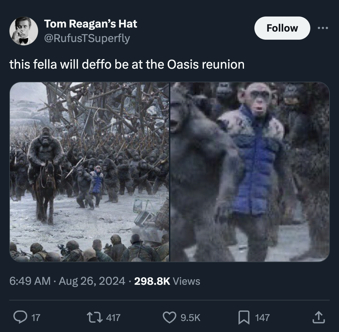 war for the planet of the apes 2017 - Tom Reagan's Hat this fella will deffo be at the Oasis reunion Views 17 417 147 1